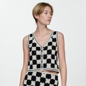 Mango Black & Cream Crochet Button Front Vest